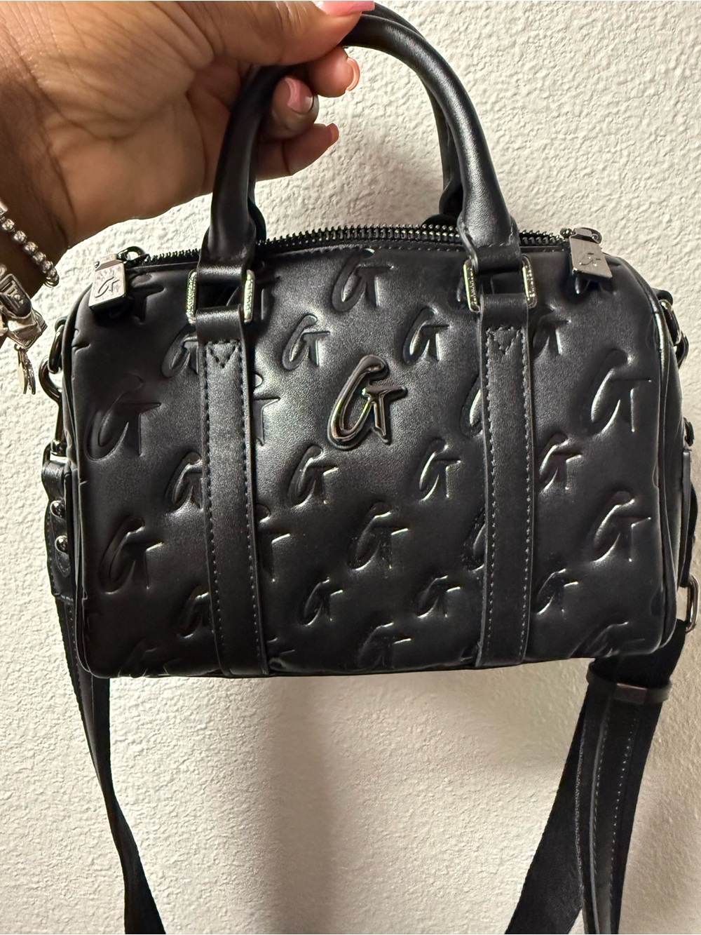 Glamaholic Mini Boston Bag Embossed Mini Satchel Crossbody Bag in Black